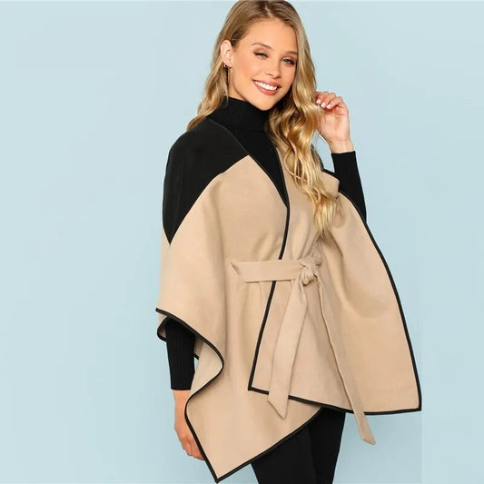 Dames Herfst Poncho Zwart/Beige