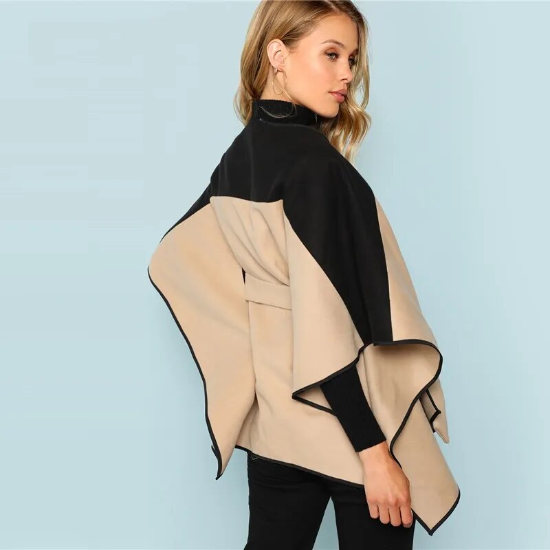 Dames Herfst Poncho Zwart/Beige