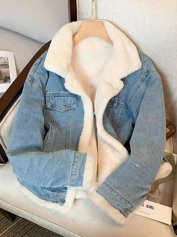 Dames Denim Jacket Winter Fleece Coat