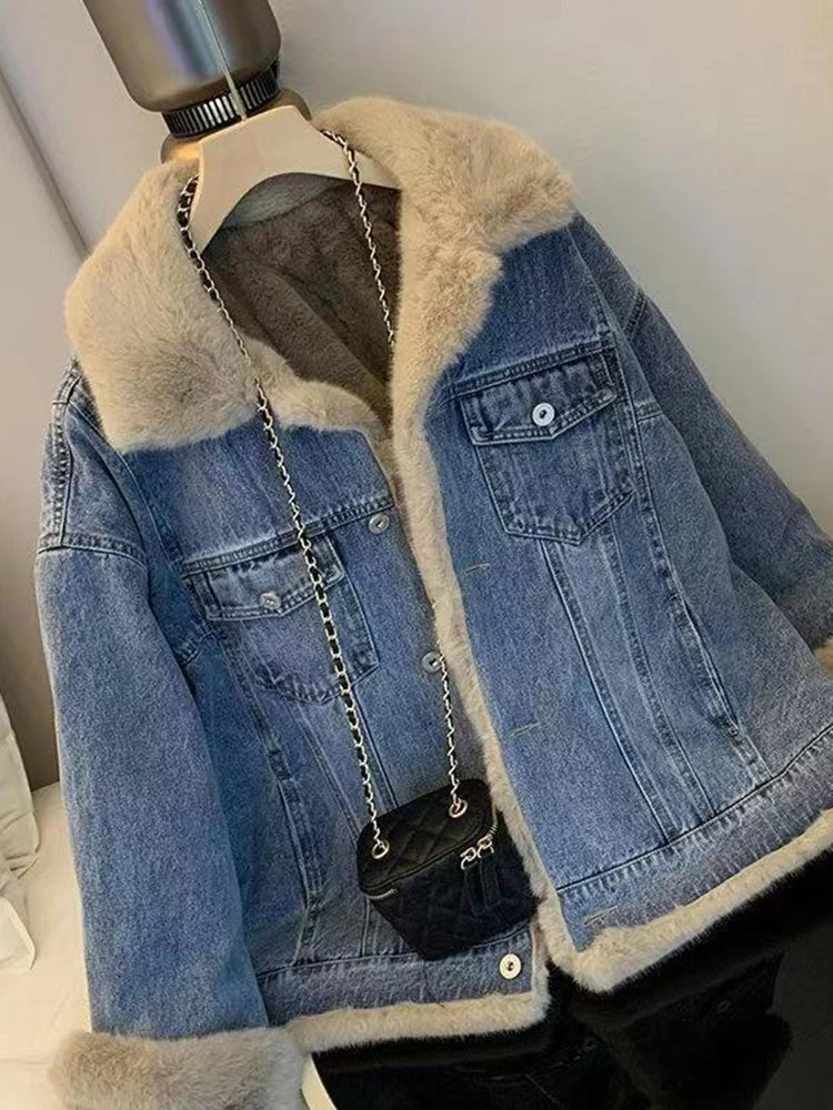 Dames Denim Jacket Winter Fleece Coat