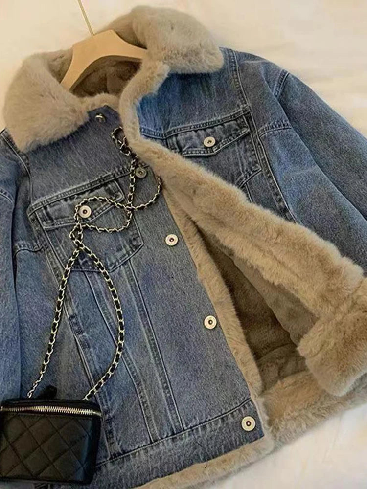 Dames Denim Jacket Winter Fleece Coat