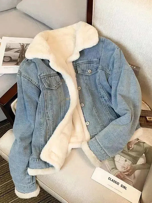 Dames Denim Jacket Winter Fleece Coat